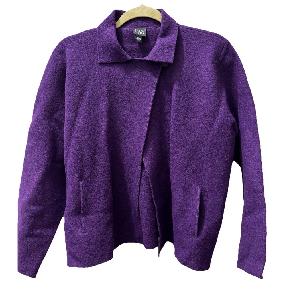 Eileen Fisher Women’s Asymmetrical Boiled Merino Wool Cardigan Sweater Plum XS